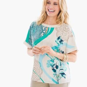 Chico's Paisley Waves Teal Keyhole Neck Blouse NWT